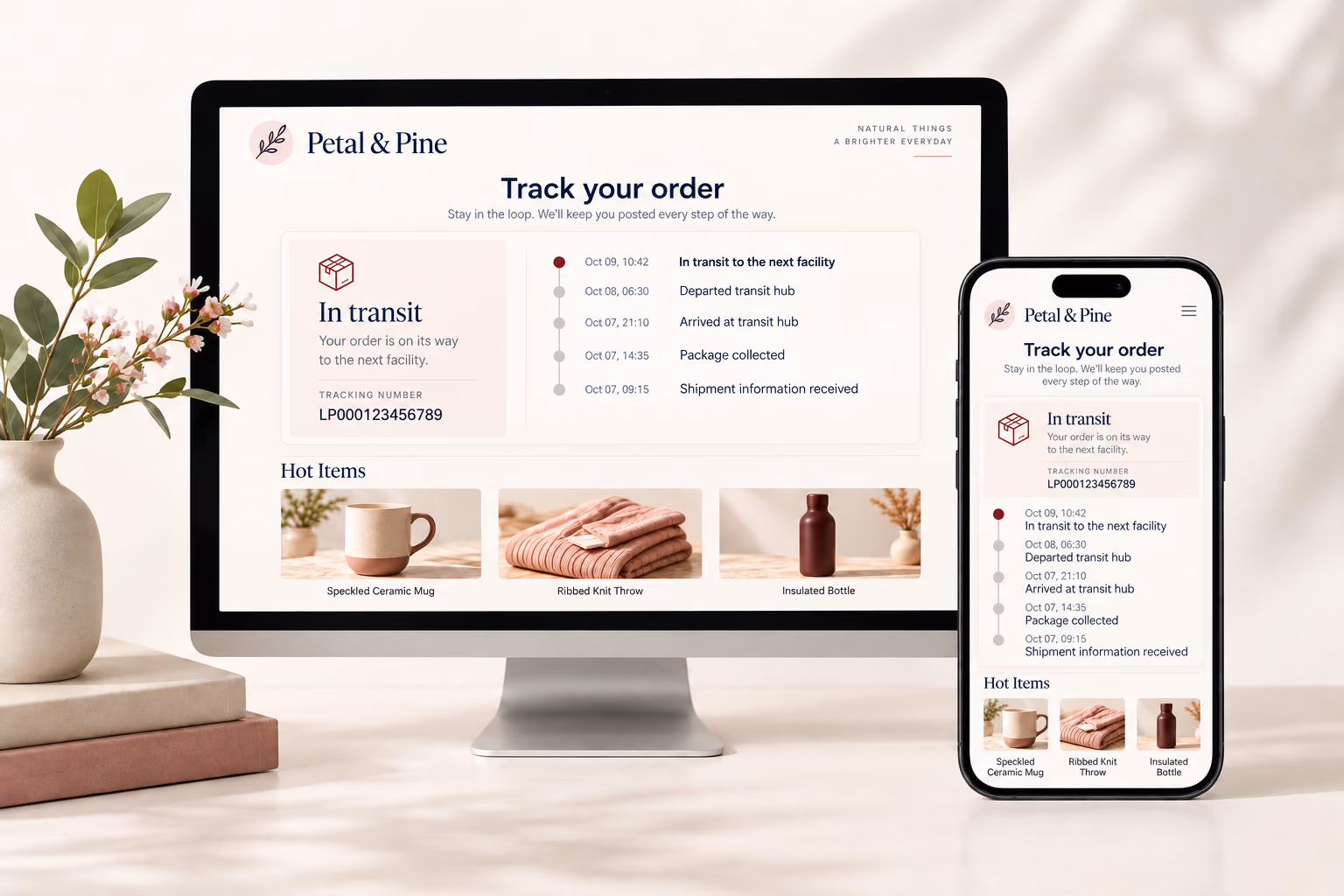 Desktop and mobile previews of the Petal & Pine tracking page with shipment history and selected products.